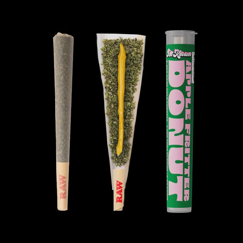 APPLE FRITTER DONUT-2.25G INDICA HASH HOLE PREROLL- 1.75G THCA FLOWER/ .5G ROSIN