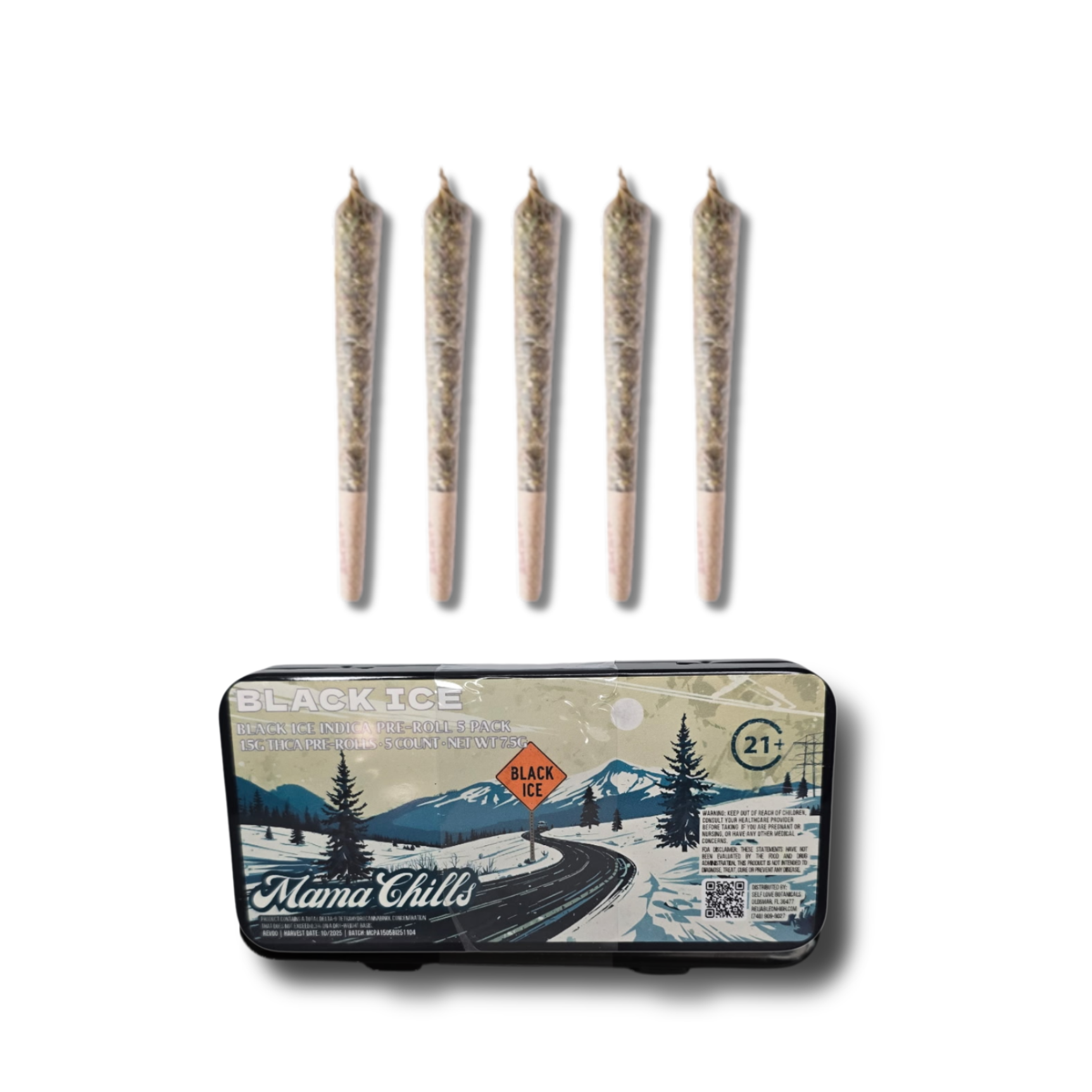 MAMA CHILLS BLACK ICE PRE-ROLLS INDICA- 5 COUNT TIN